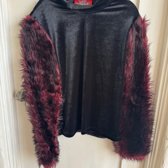 RARE Vintage 90s LIP SERVICE Velvet Top with Burgundy Faux Fur Sleeves Size L - Picture 2 of 11